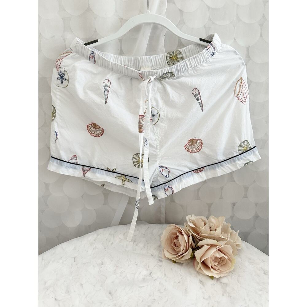 Print Fresh Women’s Small White Embroidered Boxer Sleep Shorts Shells Beach